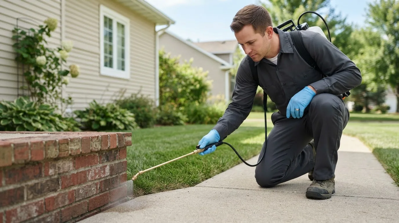 Pest control technician treating a home near New Durham, NH